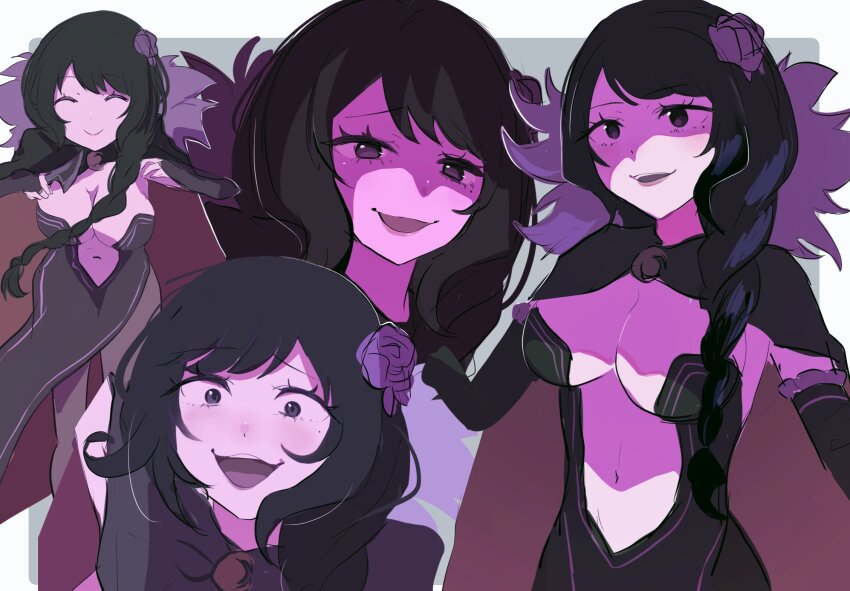 1girl black_dress black_hair braid braided_ponytail breasts cape center_opening cleavage detached_sleeves dress elsa_granhilte flower frilled_sleeves frills fur_trim hair_flower hair_ornament highres large_breasts long_hair navel purple_eyes purple_flower purple_rose re:zero_kara_hajimeru_isekai_seikatsu rose smile