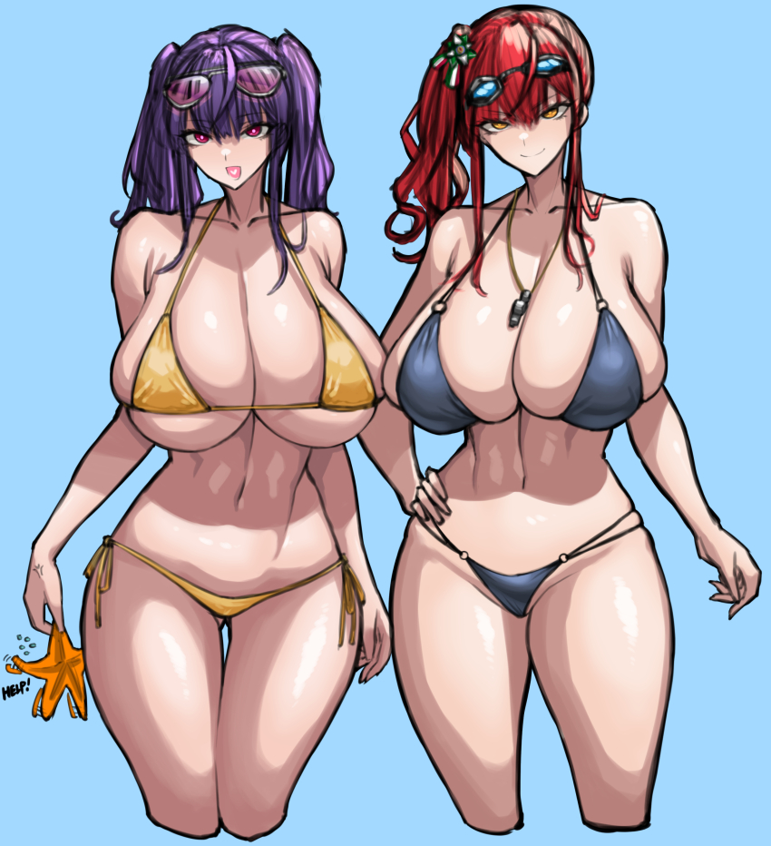 2girls absurdres azur_lane bikini breasts cleavage closed_mouth collarbone cowboy_shot curvy goggles goggles_on_head hair_ribbon hand_on_own_hip heart heart_in_mouth highres huge_breasts looking_at_viewer medium_hair mole mole_under_eye multiple_girls navel open_mouth pink_eyes pola_(azur_lane) pola_(seaside_coincidence)_(azur_lane) purple_hair red_hair ribbon sagging_breasts sidelocks skindentation smile standing starfish sunglasses sunglasses_on_head swim_goggles swimsuit thick_thighs thighs twintails whistle whistle_around_neck wide_hips wolffeld_price yellow_eyes zara_(azur_lane) zara_(poolside_coincidence)_(azur_lane)