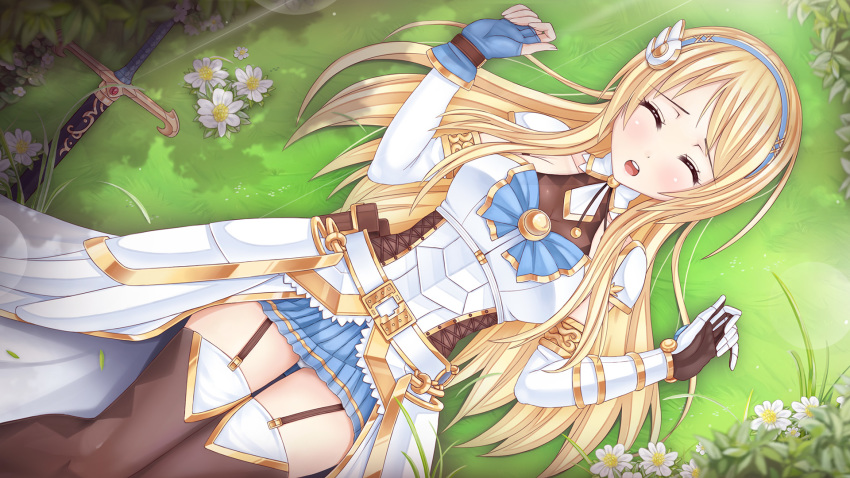 1girl armor armored_dress belt belt_buckle blonde_hair blue_bow blue_eyes blue_gloves blue_skirt bow buckle closed_eyes corset crystalline detached_sleeves dress faulds female_focus fingerless_gloves flower from_above garter_straps gauntlets gloves gold_trim grass hair_ornament hairband highres leanna_dawn lying on_back open_mouth panties pantyshot pauldrons sheath sheathed shoulder_armor single_fingerless_glove single_gauntlet skirt sleeping solo sunimu sword thighhighs unconscious underwear weapon white_armor