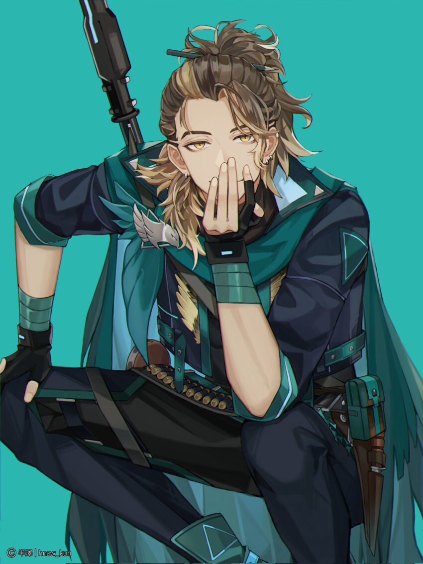 1boy bandolier belt belt_pouch black_gloves black_jacket black_pants blonde_hair brown_hair bullet cape covering_own_mouth cropped_jacket ear_piercing earrings elbow_on_knee eyebrow_cut facing_viewer feet_out_of_frame fingerless_gloves forehead gloves goldbullet green_background green_cape green_scarf gun hand_on_own_knee hand_over_own_mouth highres hnzw_kun holostars holostars_english holster jacket jewelry knife_sheath long_hair looking_at_viewer male_focus multicolored_hair pants pencil pencil_in_hair piercing pouch rifle scarf sheath simple_background sniper_rifle solo squatting streaked_hair torn_cape torn_clothes virtual_youtuber weapon yellow_eyes