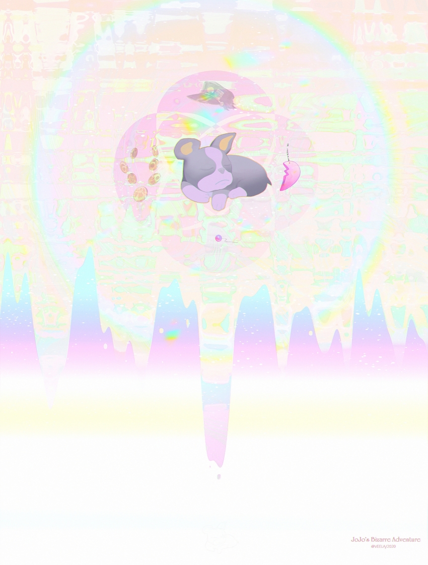 abstract_background absurdres animal animal_focus artist_name coin copyright_name dated dog dripping floating hat highres iggy_(jojo) jean_pierre_polnareff jojo_no_kimyou_na_bouken kakyoin_noriaki kuujou_joutarou mohammed_avdol no_humans rainbow sleeping stardust_crusaders symbolism unworn_earring unworn_hat unworn_headwear veela