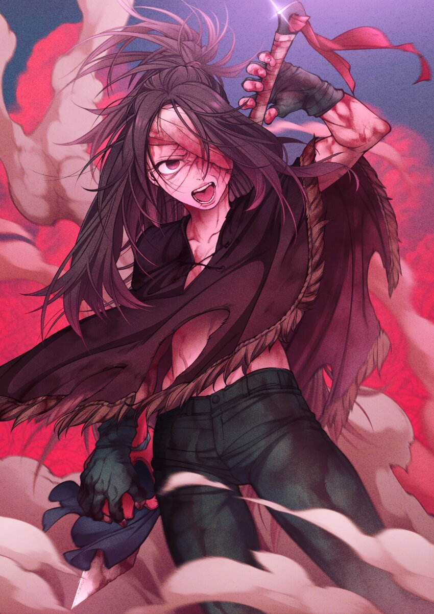 1girl absurdres bandage_over_one_eye belt black_gloves black_hair blood buddy_(lisa) denim fingerless_gloves gloves hamburger_man._(sumi80) highres holding holding_weapon jeans lisa_(series) lisa_the_joyful long_hair mask midriff open_mouth pants poncho red_eyes scar small_hips solo sword unworn_mask weapon