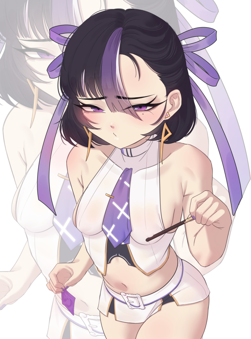 1girl absurdres black_hair breasts cchiii earrings food goddess_of_victory:_nikke hair_ribbon highres holding holding_food holding_pocky jewelry looking_at_viewer microskirt navel necktie pocky purple_eyes purple_hair purple_necktie purple_ribbon ribbon shirt skirt sleeveless sleeveless_shirt small_breasts solo syuen_(nikke) white_shirt white_skirt white_streaks zoom_layer