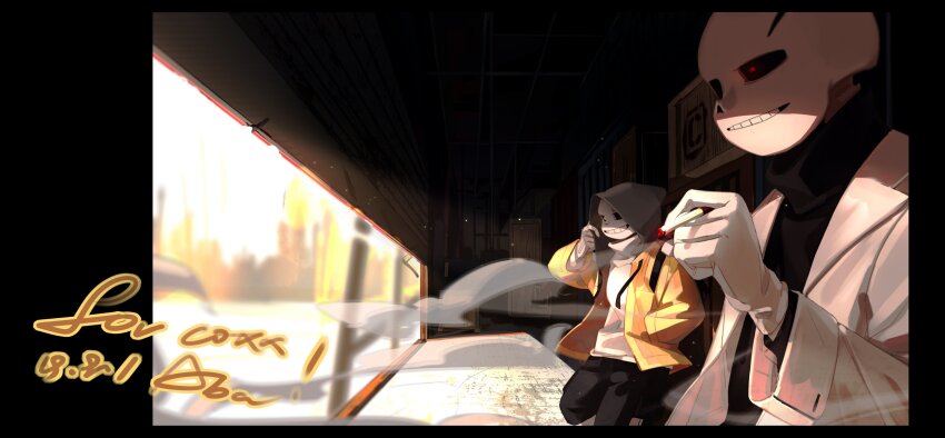 2boys absurdres adjusting_clothes alternate_universe asaiiro black_pants black_shirt blazer building cigarette cityscape clothes_grab dappled_sunlight dated english_text gloves grey_hoodie hand_in_pocket highres holding holding_cigarette hood hooded_jacket hoodie industrial_pipe jacket leaning_back multiple_boys open_clothes open_jacket original outdoors pants red-eye_effect sans_(undertale) shirt sign skeleton sleeves_rolled_up smile smoke smoking sunlight turtleneck undertale white_gloves white_jacket white_shirt wooden_door yellow_jacket