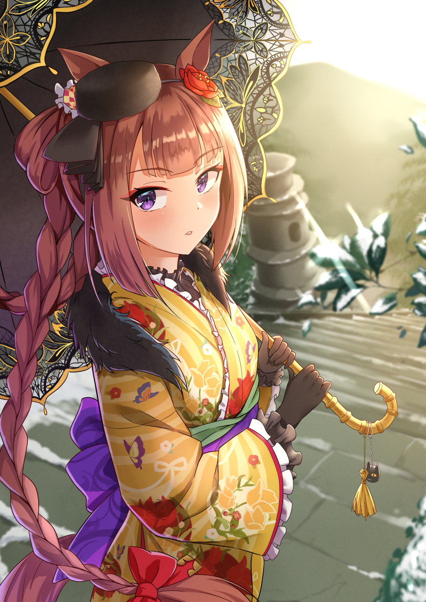 1girl absurdres alternate_costume alternate_hairstyle animal_ears black_umbrella blurry blush braid brown_hair fritz614 hair_ornament hair_rings hat highres holding holding_umbrella horse_ears horse_girl horse_tail japanese_clothes kimono lens_flare long_hair looking_at_viewer mountain purple_eyes sky solo stairs sun sweep_tosho_(umamusume) sweep_tosho_(whimsical_scenery)_(umamusume) tail umamusume umbrella