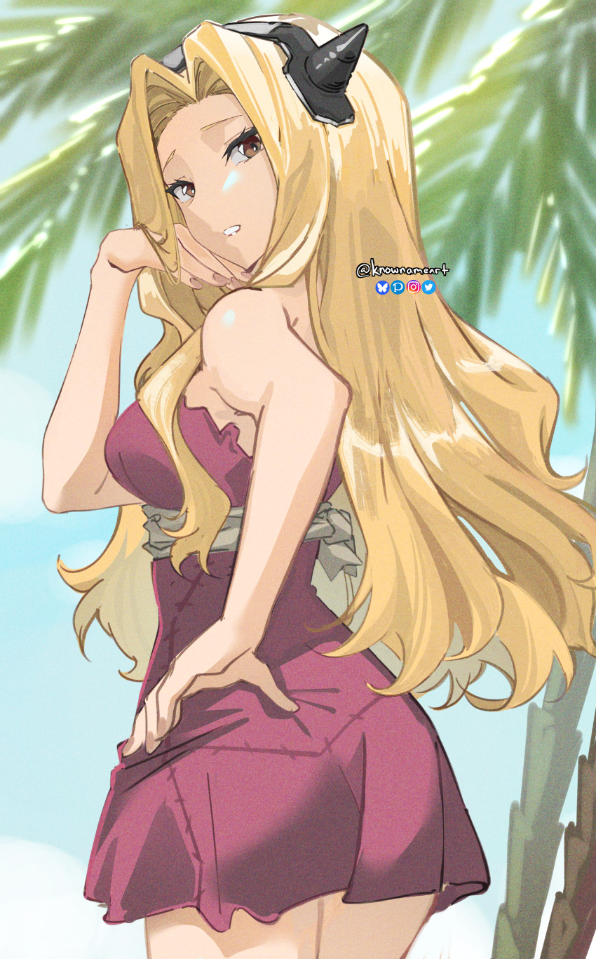 1girl absurdres black_headband blonde_hair bluesky_logo breasts brown_eyes dr._stone dress from_behind hand_in_own_hair headband highres hokutozai_minami instagram_logo knowname long_hair looking_at_viewer looking_back medium_breasts outdoors palm_leaf palm_tree red_dress short_dress solo strapless strapless_dress studded_headband tree twitter_logo twitter_username very_long_hair