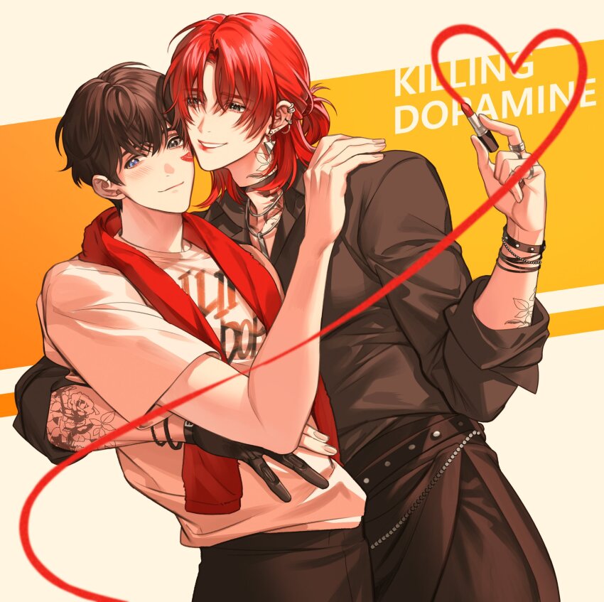 2boys arm_tattoo black_hair blue_eyes blush closed_mouth commentary_request cosmetics ear_piercing earrings english_text eoduun_badaui_deungbul-i_doeeo flower_tattoo grey_eyes hand_on_another&#039;s_shoulder heart heterochromia highres holding jewelry kim_jaehee korean_commentary lipstick_mark lipstick_tube male_focus multiple_boys multiple_earrings neck_tattoo necklace padakpadak_88 park_moo-hyun piercing ponytail prosthetic_fingers red_hair lipstick_tube ring shirt short_hair short_sleeves simple_background smile standing tattoo triangle_earrings white_background white_shirt yaoi