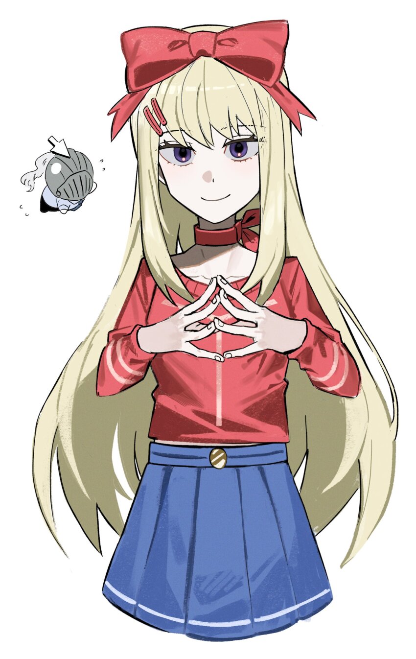 1boy 1girl alice_(black_souls) asdf1211950 black_souls blonde_hair blue_eyes blue_skirt blush bow choker closed_mouth cosplay cowboy_shot grimm_(black_souls) hair_bow highres long_hair long_sleeves looking_at_viewer miside mita_(miside)_(cosplay) pleated_skirt red_bow red_choker red_sweater sidelocks skirt smile steepled_fingers sweater very_long_hair