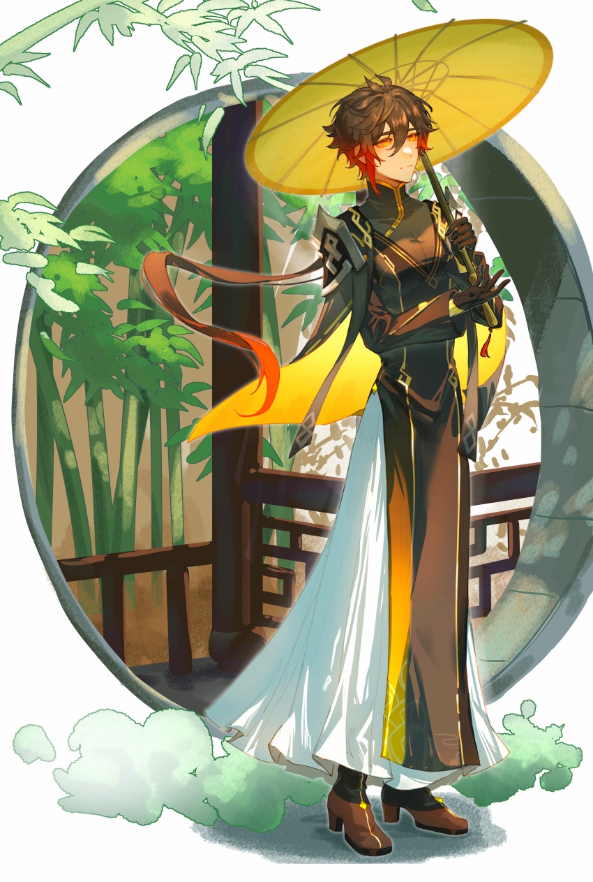 1boy absurdres bamboo chinese_clothes genshin_impact hand_up highres holding holding_umbrella looking_up male_focus moon_gate official_alternate_costume ppttlyr solo umbrella zhongli_(genshin_impact)