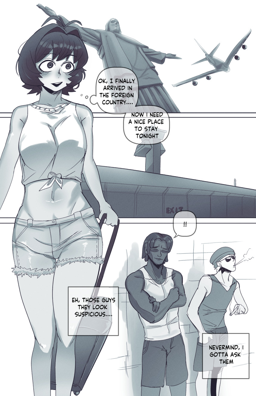! 1girl 2boys ahoge airport antenna_hair brazil breasts christ_the_redeemer comic d0ubou english_text highres komi-san_wa_komyushou_desu monochrome multiple_boys navel osana_najimi_(komi-san_wa_komyushou_desu) short_hair shorts spoken_exclamation_mark tan thighs