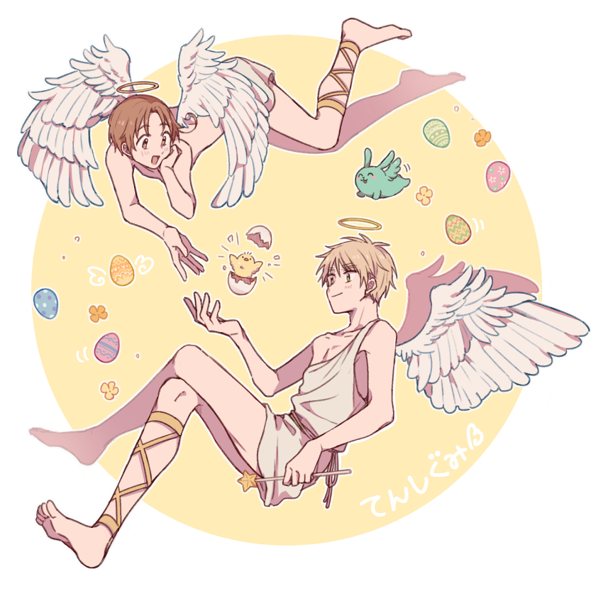 2boys ahoge angel_wings animal_ears axis_powers_hetalia bare_shoulders barefoot beak belt bird blonde_hair blush border brown_belt brown_eyes brown_hair chick closed_mouth commentary_request creature crossed_legs dress easter_egg egg flower flying full_body green_eyes hair_between_eyes halo hand_on_own_face hand_up highres holding holding_wand looking_at_another multiple_boys nbsr northern_italy_(hetalia) open_mouth orange_flower outside_border rabbit_ears short_hair simple_background sleeveless sleeveless_dress smile star_(symbol) united_kingdom_(hetalia) wand white_border white_dress wings yellow_background yellow_flower yellow_halo