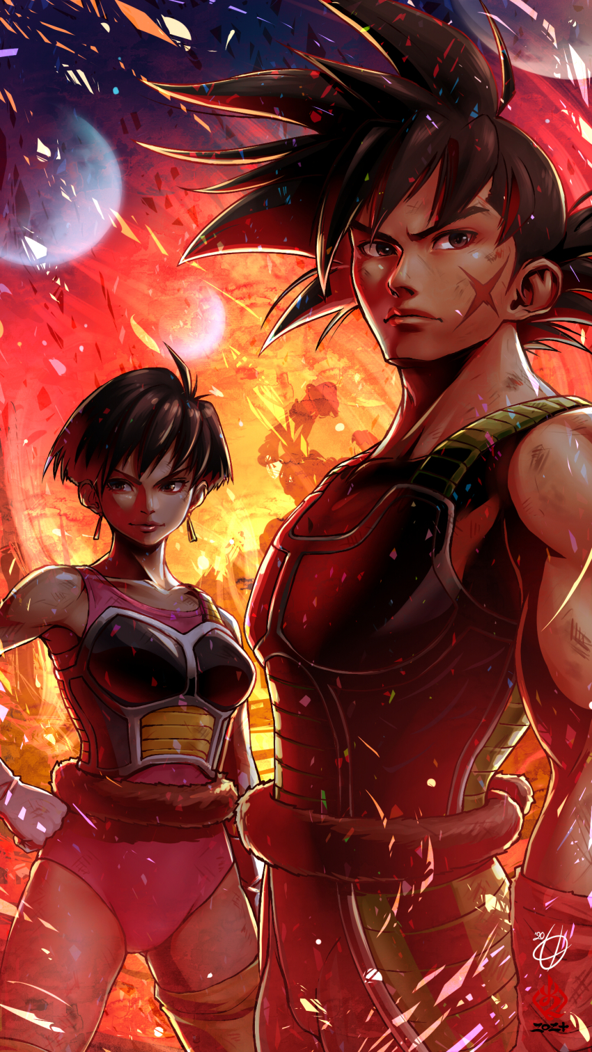 1boy 1girl absurdres bardock black_eyes black_hair black_leggings brown_eyes brown_hair brown_tail cinders commentary_request cowboy_shot cross_scar dragon_ball dragonball_z earrings fire gloves hand_on_own_hip highres jewelry kanchiyo leggings leotard looking_to_the_side muscular muscular_male pink_leotard planet saiyan saiyan_armor scar scar_on_face seripa short_hair signature silhouette single_thighhigh sleeveless spiked_hair tail tail_around_waist thighhighs white_gloves yellow_thighhighs