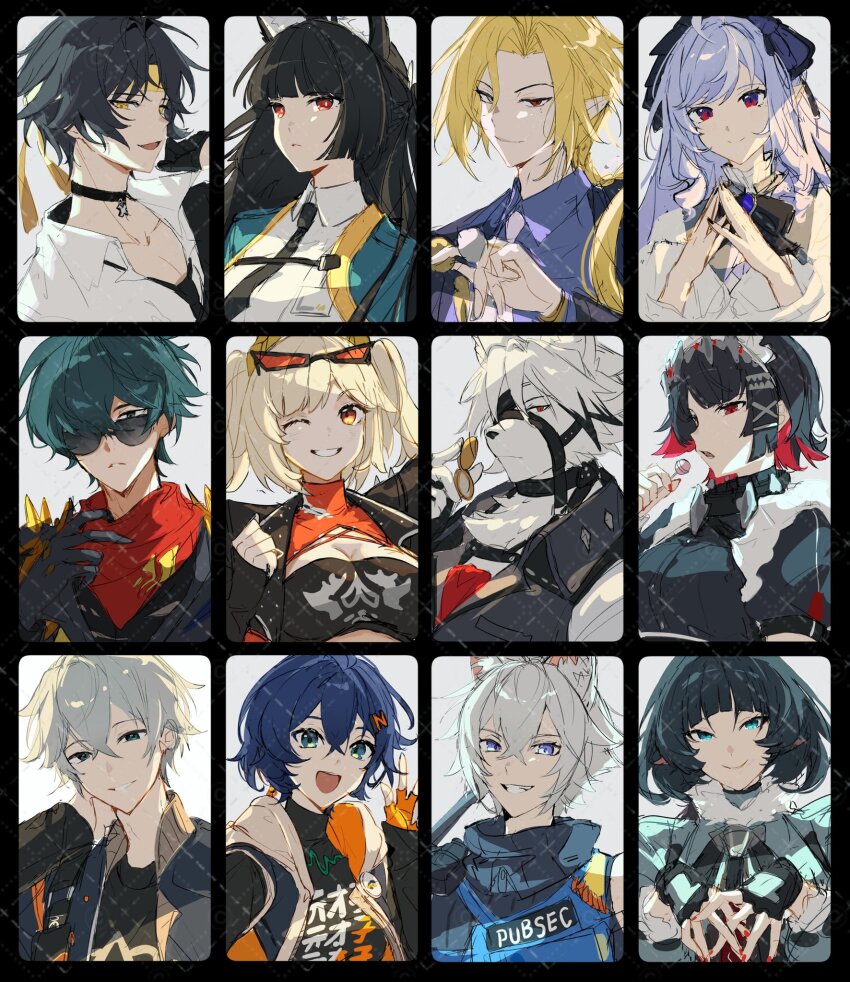 6+boys 6+girls animal_ears aqua_jacket asaba_harumasa belle_(zenless_zone_zero) black_choker black_necktie black_shirt blonde_hair blue_eyes blue_hair burnice_white c_ixxp candy cat_boy choker collared_shirt ellen_joe eyewear_on_head fingerless_gloves food fox_ears fox_girl gloves green_eyes green_hair hair_between_eyes headband highres holding holding_candy holding_food holding_lollipop hoshimi_miyabi hugo_vlad jacket jane_doe_(zenless_zone_zero) leather leather_jacket lighter_(zenless_zone_zero) lollipop maid_headdress mouse_ears mouse_girl multiple_boys multiple_girls necktie one_eye_closed orange_gloves pointy_ears purple_hair red_eyes red_scarf scarf seth_lowell shirt short_hair smile spiked_jacket sunglasses twintails vivian_banshee von_lycaon white_fur white_hair white_shirt wise_(zenless_zone_zero) wolf_boy wolf_ears yellow_eyes yellow_headband zenless_zone_zero