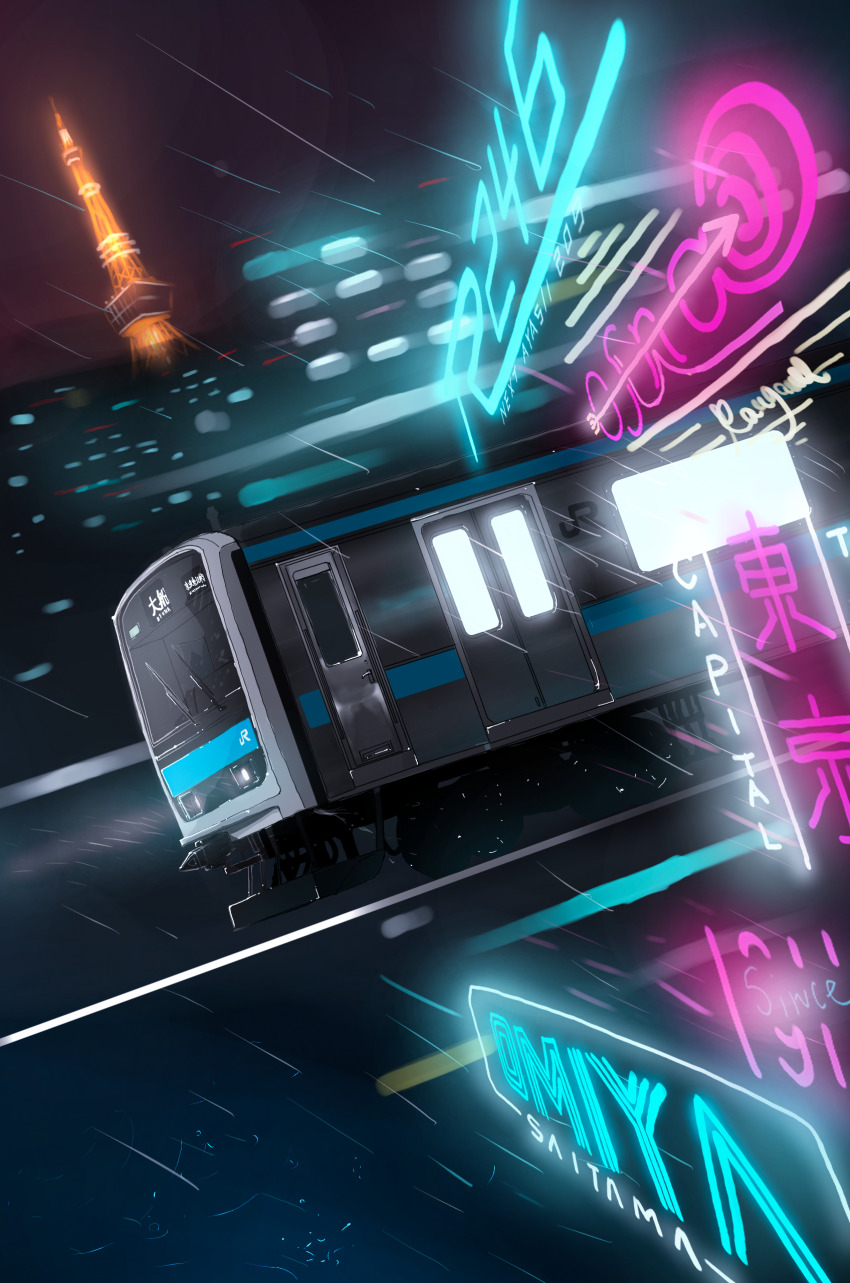 209all absurdres building city city_lights cityscape east_japan_railway_company highres hologram japan_railways motion_blur multiple_unit_train neon_lights neon_palette night night_sky no_humans original outdoors rain scenery sky skyline skyscraper tokyo_(city) tokyo_tower tower train wipers