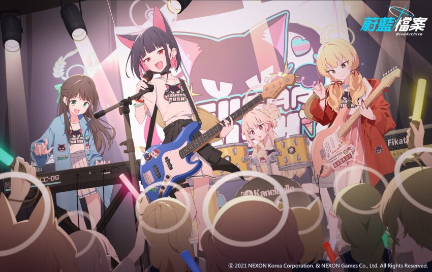6+girls airi_(band)_(blue_archive) airi_(blue_archive) animal_ears bass_guitar black_hair blonde_hair blue_archive brown_hair choker closed_mouth clothes_around_waist commentary_request drum drum_set ear_piercing bass_guitar fender_jazz_bass glowstick guitar hair_ribbon halo highres holding holding_bass_guitar holding_glowstick holding_guitar holding_instrument holding_microphone instrument kazusa_(band)_(blue_archive) kazusa_(blue_archive) keyboard_(instrument) long_hair low_twintails microphone multiple_girls music natsu_(band)_(blue_archive) natsu_(blue_archive) off_shoulder official_art open_clothes open_mouth piercing pink_hair pink_skirt playing_instrument pleated_skirt plectrum quarterlift red_eyes ribbon shirt short_hair skirt sparkle stage_lights standing t-shirt thigh_strap twintails white_skirt yoshimi_(band)_(blue_archive) yoshimi_(blue_archive)