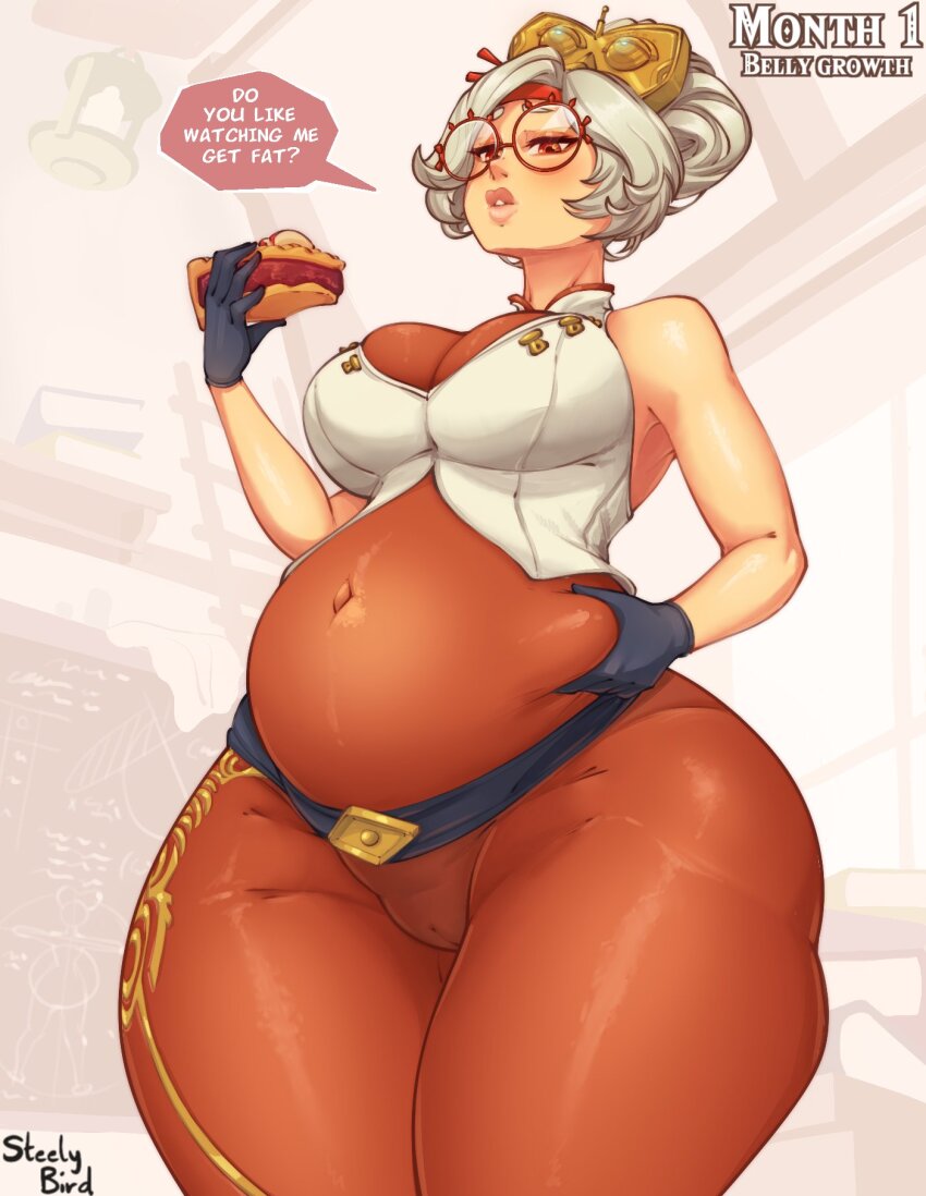 1girl blush breasts cameltoe covered_navel curvy female_focus food from_below glasses gloves highres large_breasts lips looking_at_viewer medium_hair nintendo pie pregnant purah red_eyes skin_tight skindentation speech_bubble steelybird the_legend_of_zelda the_legend_of_zelda:_tears_of_the_kingdom thick_thighs thighs updo white_hair wide_hips
