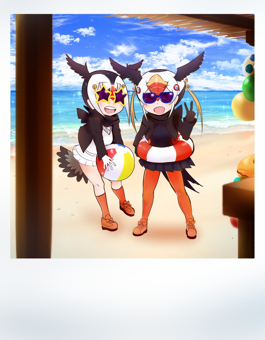 10s 2girls absurdres atlantic_puffin_(kemono_friends) ball beach beachball bird_tail bird_wings black_hair bow commentary fuji_takanasu head_wings highres innertube jacket kemono_friends kneehighs multicolored_hair multiple_girls open_mouth pantyhose photo_(object) pleated_skirt polaroid_photo red_footwear red_hair red_legwear scarf short_hair skirt socks star-shaped_eyewear star_(symbol) sunglasses sweater swim_ring tail tufted_puffin_(kemono_friends) v white_hair wings