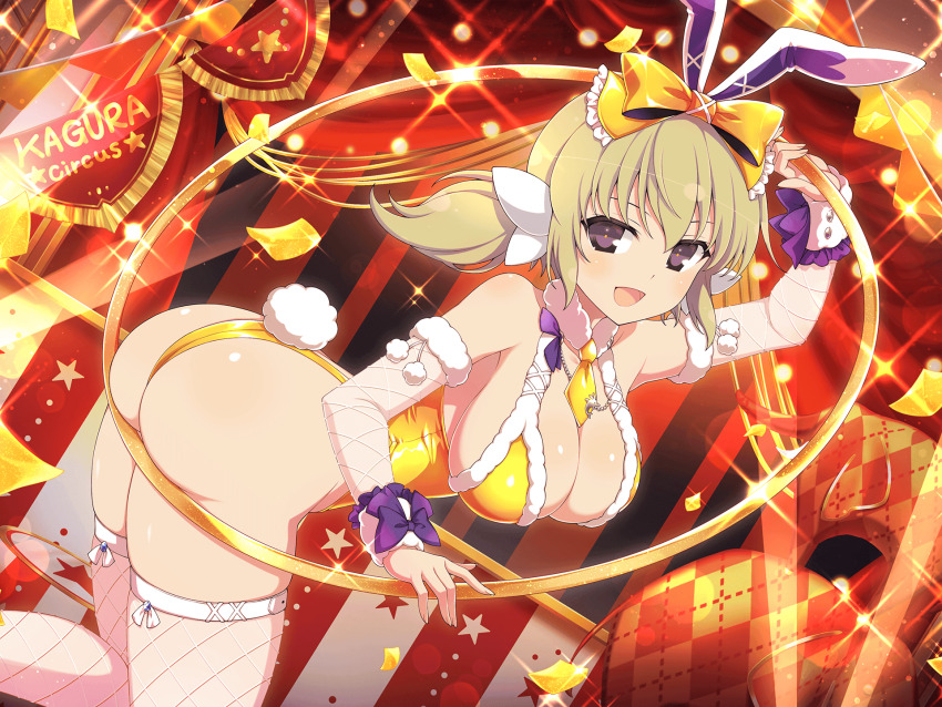 1girl animal_ears armpit_peek ass ass_focus ass_support bare_shoulders blonde_hair blue_gemstone blush body_blush bow breasts circus circus_tent cleavage collarbone confetti detached_sleeves fake_animal_ears fake_tail fishnet_sleeves fishnet_thighhighs fishnets frilled_bow frilled_wrist_cuffs frills fur-trimmed_leotard fur-trimmed_sleeves fur_trim gem hair_between_eyes hair_bow hair_ornament highleg highleg_leotard highres holding holding_hoop hoop kafuru_(senran_kagura) large_breasts lens_flare leotard light_particles looking_at_viewer low_twintails necktie official_alternate_costume official_art open_mouth plaid playboy_bunny pom_pom_(clothes) purple_bow purple_eyes rabbit_ears rabbit_tail senran_kagura senran_kagura_estival_versus senran_kagura_new_link shiny_skin sideboob skindentation smile solo sparkle star_(symbol) string_of_flags tail tassel tent thighhighs thong_leotard twintails white_bow white_sleeves white_thighhighs wrist_cuffs yaegashi_nan yellow_bow yellow_leotard yellow_necktie