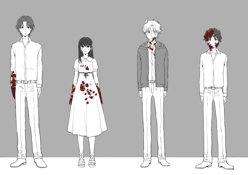1girl 3boys blood blood_on_face blood_on_clothes brothers dress fate/stay_night fate/zero fate_(series) father_and_son hair_ribbon hood long_hair matou_byakuya matou_kariya matou_sakura matou_shinji multiple_boys ribbon ronpaxronpa short_hair siblings uncle_and_niece wavy_hair