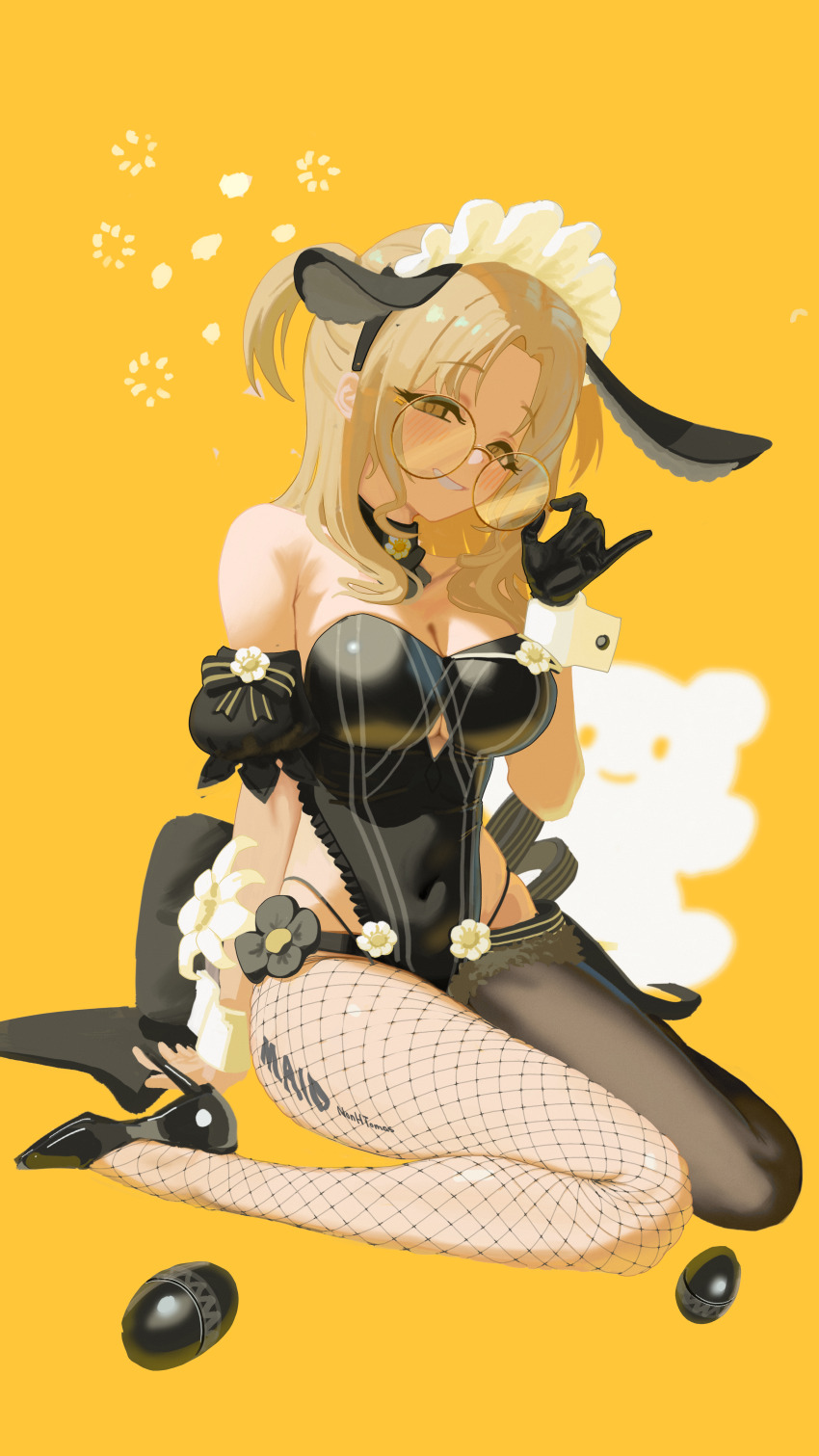 1girl absurdres asymmetrical_legwear bespectacled black_gloves black_leotard black_shoes breasts brown_hair cleavage commentary_request covered_navel fishnet_pantyhose fishnets glasses gloves high_heels highres ichikawa_hinana idolmaster idolmaster_shiny_colors large_breasts leotard long_hair looking_at_viewer maid_headdress mismatched_legwear orange_background pantyhose playboy_bunny round_eyewear shoes sitting smile solo squeans tomber two_side_up wariza wrist_cuffs