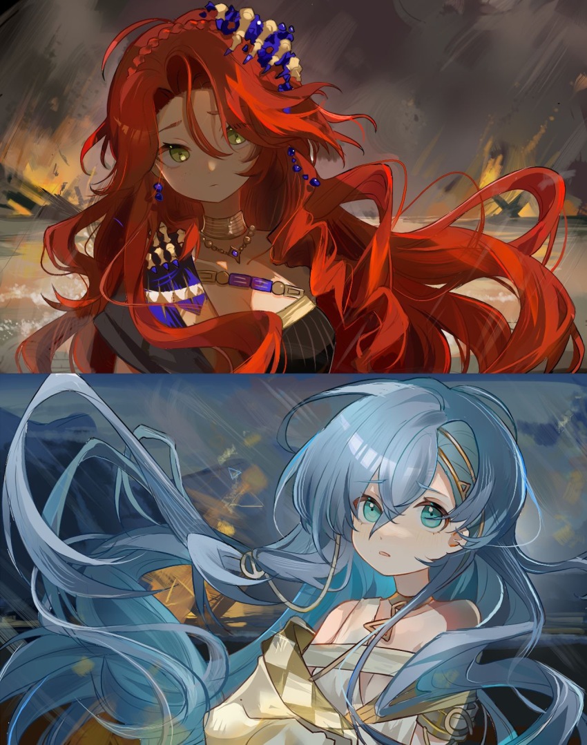 2girls 37_(reverse:1999) :o ancient_greek_clothes armlet bare_shoulders black_dress blue_eyes blue_gemstone blue_hair breasts cleavage dress fire floating_hair furrowed_brow gem gold_choker greco-roman_clothes green_eyes grey_sky hair_between_eyes hair_ornament highres jewelry long_hair looking_at_viewer multiple_girls necklace red_hair reverse:1999 single_off_shoulder sky sophia_(manus_vindictae)_(reverse:1999) sophia_(reverse:1999) toga upper_body very_long_hair zhizhi_(surri79797)