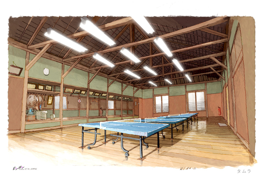 aymeric_kevin border ceiling clock commentary english_commentary fire_extinguisher fluorescent_lamp highres indoors interior no_humans original scenery sunlight table table_tennis translation_request umbrella window wooden_beam wooden_floor