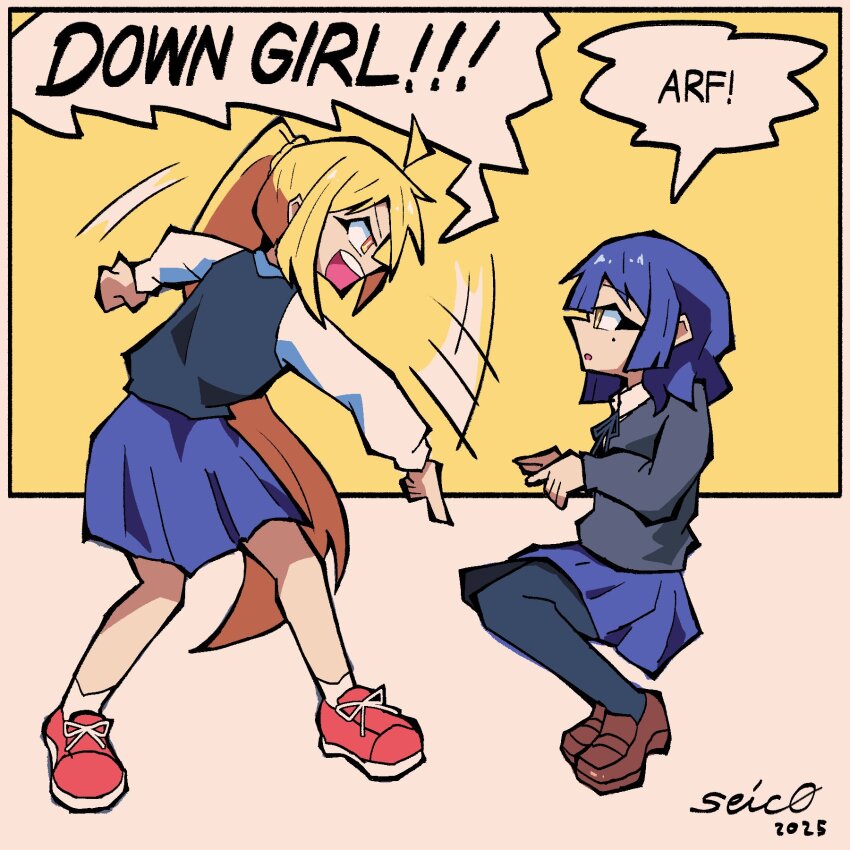 2girls ahoge black_shirt black_thighhighs black_vest blonde_hair blue_skirt bocchi_the_rock! brown_shoes down_boy!!_(meme) highres ijichi_nijika long_hair medium_hair meme multiple_girls open_mouth pink_shoes seisyun_c0mplex shirt shoes side_ponytail skirt teeth thighhighs upper_teeth_only vest white_shirt yamada_ryo yellow_eyes