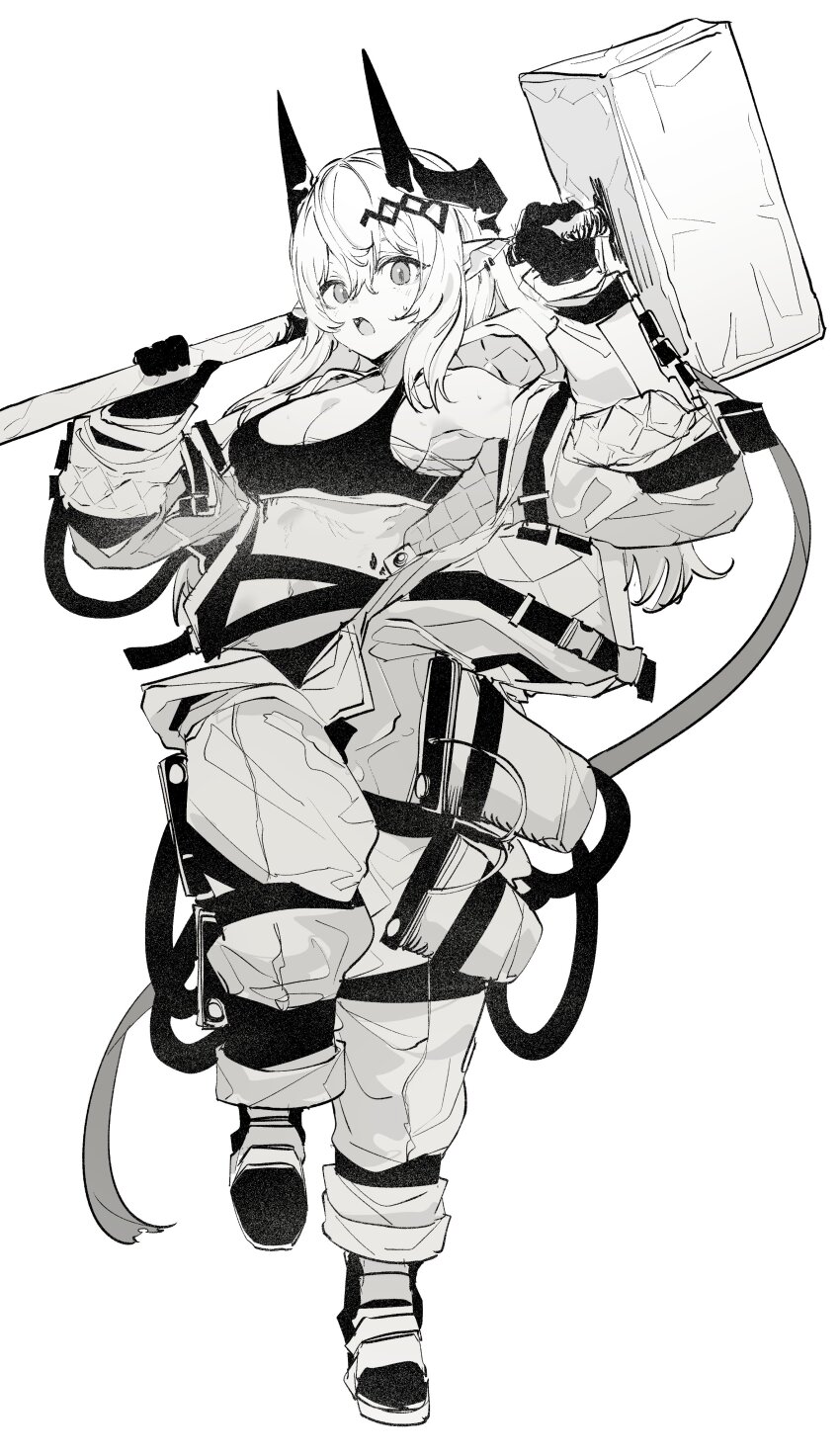 1girl absurdres arknights black_sports_bra bodysuit breasts chest_sarashi cleavage commentary_request ddari ear_piercing elite_ii_(arknights) full_body gloves greyscale hammer highres holding holding_hammer horns large_breasts long_hair long_sleeves looking_at_viewer material_growth medium_breasts monochrome mudrock_(arknights) mudrock_(elite_ii)_(arknights) navel open_bodysuit open_clothes open_mouth oripathy_lesion_(arknights) piercing pointy_ears sarashi simple_background sledgehammer solo sports_bra white_background