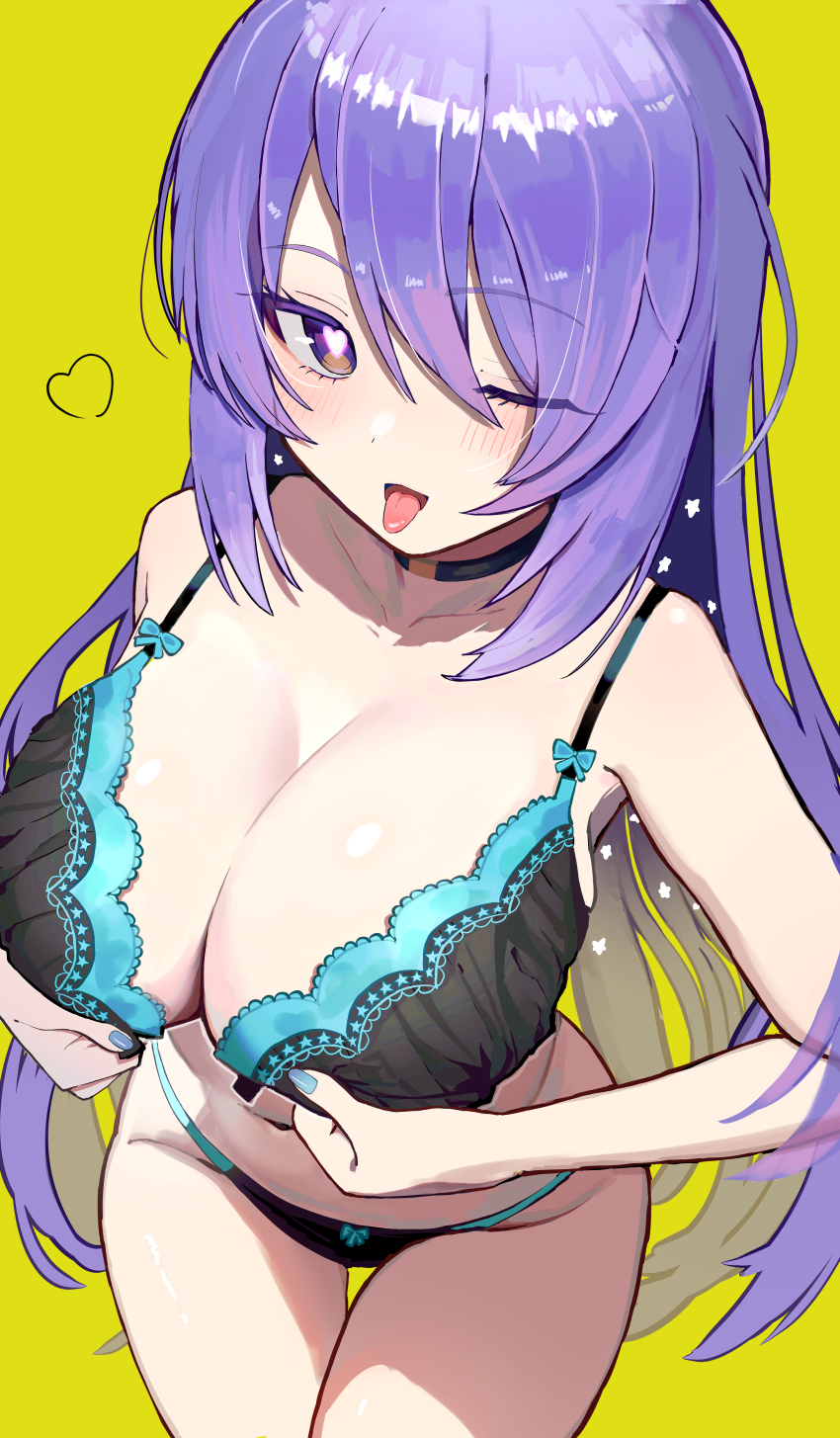 1girl ;p absurdres aqua_bra aqua_panties asymmetrical_bangs bare_arms bare_legs bare_shoulders black_bra black_choker black_panties blue_nails bow bow_bra bow_panties boxterebityan3 bra breasts choker cleavage collarbone colored_inner_hair commentary commission curvy from_above front-hook_bra groin heart heart-shaped_pupils highres hololive hololive_indonesia lace lace_bra large_breasts light_blush lingerie long_hair moona_hoshinova multicolored_hair nail_polish one_eye_closed open_bra panties partially_undressed purple_hair sidelocks skeb_commission solo symbol-shaped_pupils tongue tongue_out two-tone_bra two-tone_panties underwear virtual_youtuber yellow_background