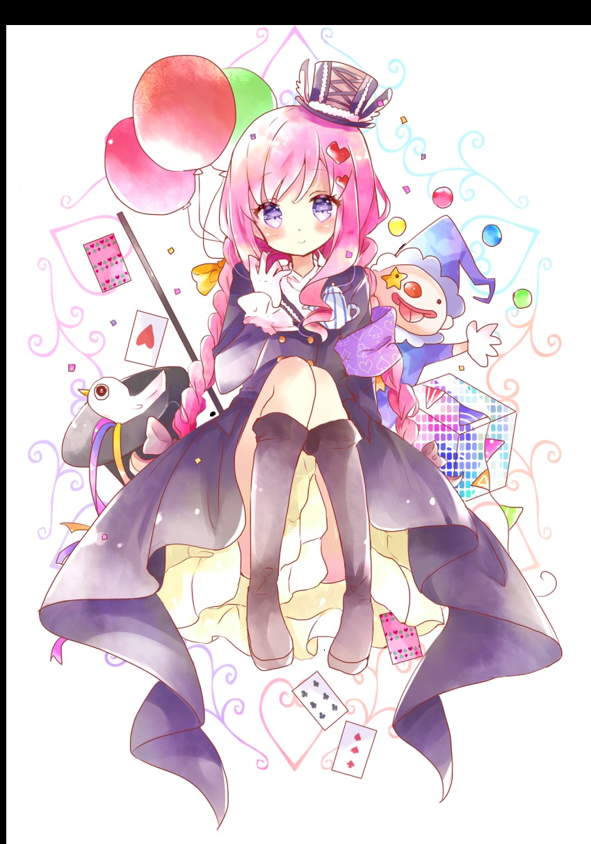 1girl :&gt; armband bad_id bad_pixiv_id ball balloon bird black_boots black_coat blush boots bow braid buttons card clown clubs coat confetti cube diamond_(shape) double-breasted dove female_focus frilled_sleeves frills gloves hair_bow hair_ornament hat head_tilt heart heart_hair_ornament highres knee_boots long_hair long_sleeves looking_at_viewer low-tied_long_hair magician mini_hat mini_top_hat original pennant pink_bow pink_hair playing_card polka_dot purple_eyes ringlets sitting skirt smile solo spade streamers string_of_flags striped tailcoat teapot top_hat tsukiyo_(skymint) twin_braids twintails vertical_stripes white_gloves white_skirt yellow_bow