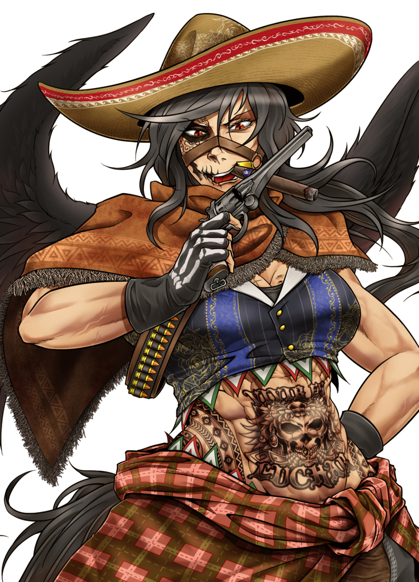 1girl abs alternate_costume bare_arms black_hair black_wings breasts bridle brown_skirt buttons cigar cleavage commentary_request crop_top cropped_shirt facial_tattoo fingerless_gloves gloves gun hand_on_own_hip hand_up handgun hat highres holding holding_gun holding_weapon kurokoma_saki large_breasts long_hair midriff mouth_hold muscular muscular_female navel open_mouth overskirt poncho print_gloves revolver ryuuichi_(f_dragon) shirt simple_background skeleton_print skirt skull_tattoo smoke smoking solo sombrero spanish_text stomach stomach_tattoo tail tattoo touhou translated v-shaped_eyebrows veins veiny_arms weapon white_background wings