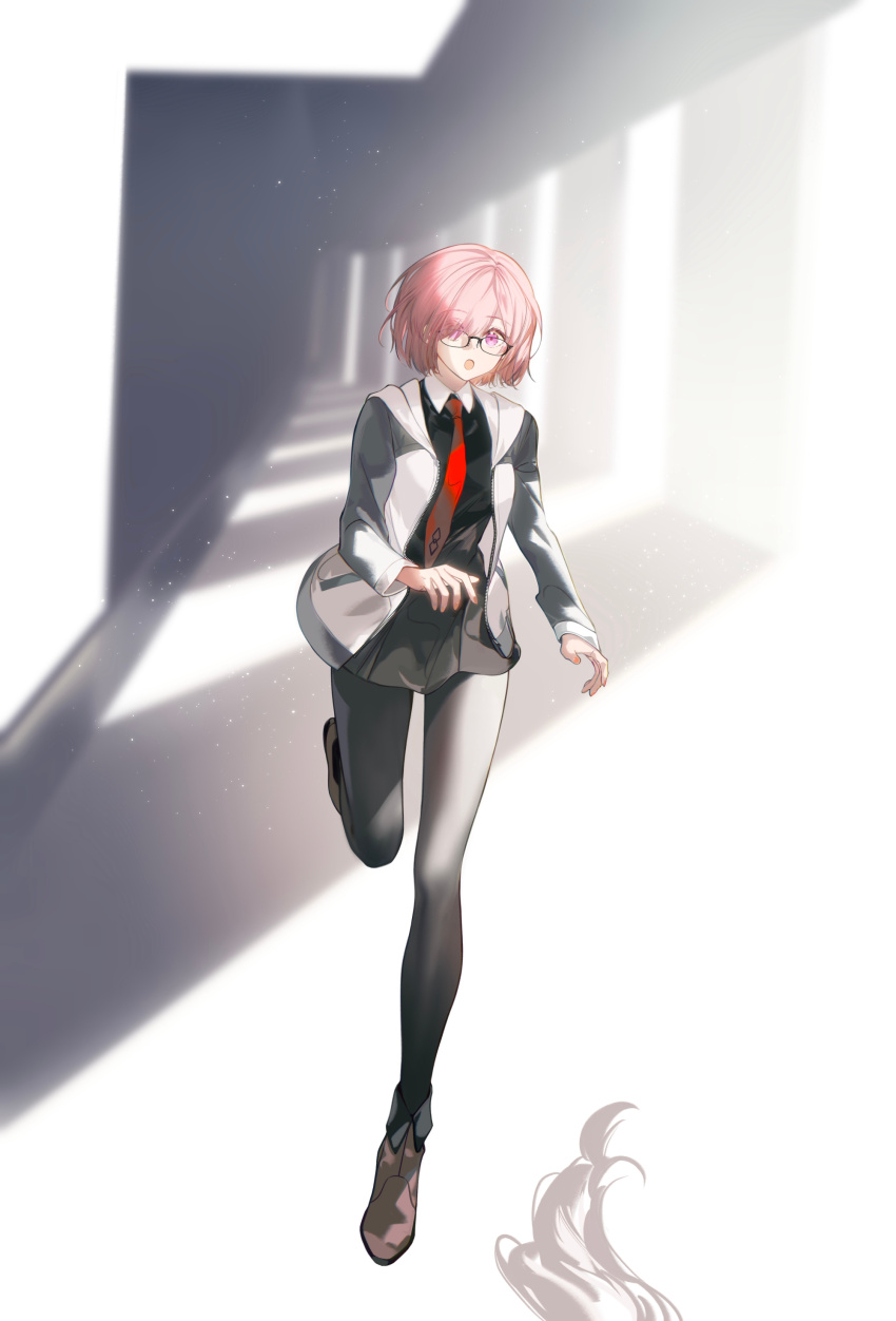 1girl :o absurdres arlizi black-framed_eyewear black_dress black_pantyhose blurry blurry_background brown_shoes chaldea_logo dress fate/grand_order fate_(series) fou_(fate) full_body glasses grey_jacket hair_over_one_eye hallway highres indoors jacket light_particles long_sleeves looking_at_viewer mash_kyrielight multicolored_jacket necktie open_mouth pantyhose pink_hair purple_eyes red_necktie running shoes short_dress short_hair solo two-tone_jacket white_jacket