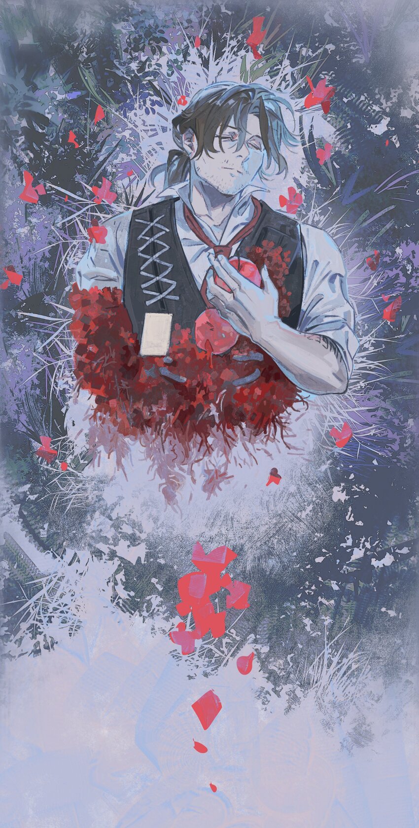 1boy absurdres arm_tattoo beard_stubble bisected black_vest brown_hair canvas_texture closed_eyes collared_shirt curtained_hair distortion facial_hair falling_petals food fruit grass gregor_(project_moon) haze highres holding holding_food holding_fruit id_card lcb_uniform_(project_moon) leaning_back limbus_company low_ponytail male_focus necktie petals ponytail project_moon red_necktie rooker_repair severed_arm severed_limb severed_torso shirt short_hair sleeves_rolled_up solo stubble tattoo transverse_plane_cutting upper_body vest white_shirt