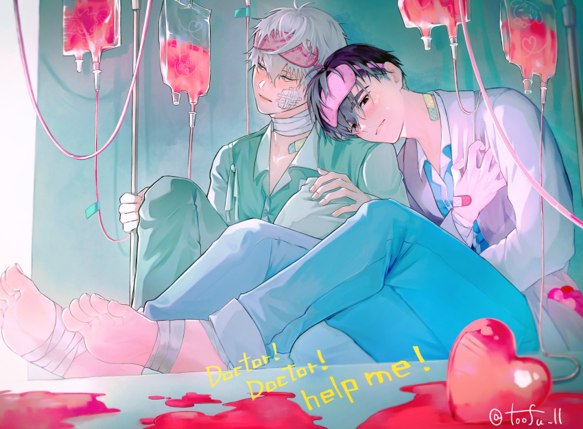 2boys alien_stage aqua_pants aqua_shirt bandaged_foot bandaged_neck bandages bandaid barefoot black_eyes black_hair blood blood_bag blue_pants collared_shirt commentary_request fang gauze gauze_on_cheek green_eyes head_on_another&#039;s_shoulder heart highres intravenous_drip iv_stand ivan_(alien_stage) long_sleeves male_focus mask mask_on_head multiple_boys pants pink_mask red_pupils shirt sleep_mask till_(alien_stage) toofu_mochi twitter_username