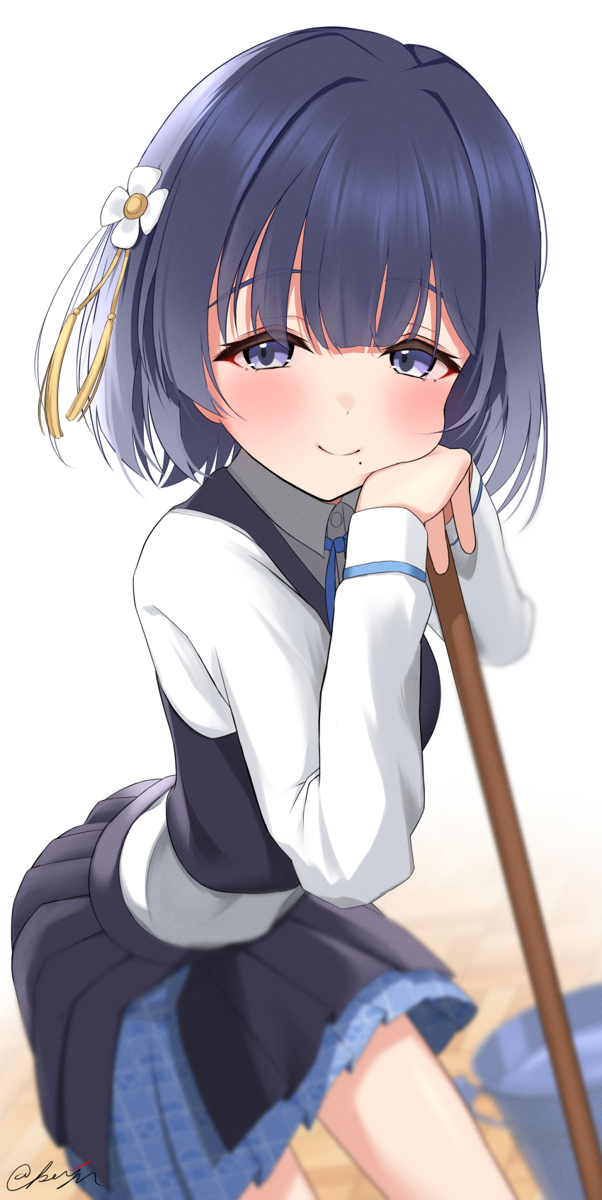 1girl absurdres black_overskirt black_vest blue_ribbon blue_skirt blush bucket gakuen_idolmaster hataya_misuzu hatsuboshi_gakuen_school_uniform head_rest highres holding holding_mop idolmaster kaju_paint looking_at_viewer mole mole_under_mouth mop neck_ribbon pleated_skirt purple_eyes purple_hair ribbon school_uniform shirt short_hair skirt smile solo twitter_username vest white_shirt