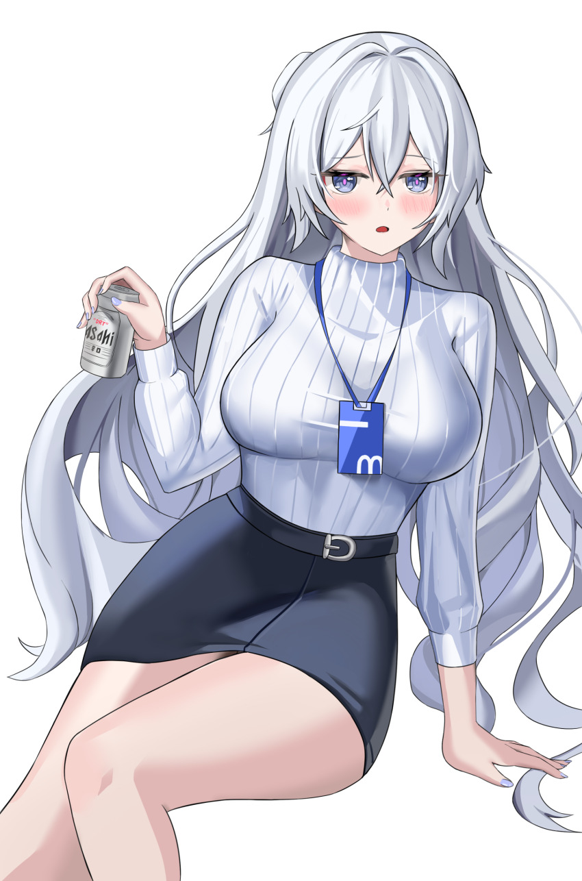 1girl absurdres arm_support belt belt_buckle black_belt black_skirt blue_eyes blue_nails blush breasts bronya_zaychik buckle can commentary_request crossed_bangs double-parted_bangs drink_can feet_out_of_frame fingernails hair_intakes hand_up highres holding holding_can honkai_(series) honkai_impact_3rd impossible_clothes impossible_sweater invisible_floor jitome lanyard large_breasts long_hair long_sleeves miniskirt nail_polish parted_lips pencil_skirt pink_pupils ribbed_sweater simple_background sitting skirt soda_can solo sweater sweater_tucked_in turtleneck turtleneck_sweater very_long_hair wavy_hair white_background white_hair white_sweater zawa_(beat7327)