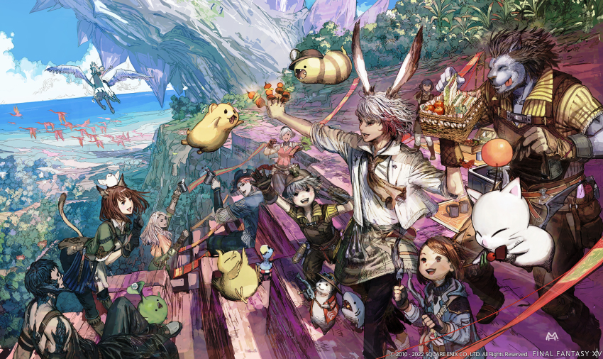 5boys 6+girls :d :p animal animal_ears animal_on_head arm_up artist_request au_ra basket beaver between_fingers bird bird_on_head black_gloves black_hair black_pants blue_sky brown_eyes brown_hair brown_neckerchief cat_ears cat_girl cat_tail chocobo clenched_hand cliff cloud commentary company_name copyright_name copyright_notice creature cup day dragon_horns english_commentary fangs fangs_out fantasy final_fantasy final_fantasy_xiv fingerless_gloves flock flying food gloves great_serpent_of_ronka grey_hair happy hat helmet highres holding holding_basket holding_cup holding_food horns hrothgar korpokkur_(final_fantasy) lalafell leaning_forward long_hair malboro midair moogle mug multicolored_hair multiple_boys multiple_girls neckerchief official_art on_head open_mouth otter outdoors outstretched_arm pants pegasus picnic picnic_basket plant pointy_ears rabbit_ears red_hair sandwich scenery shark shirt shish_kebab short_hair signature sitting sky smile standing tail toasting_(gesture) tongue tongue_out tree two-tone_hair viera walking warrior_of_light_(ff14) white_hair white_shirt