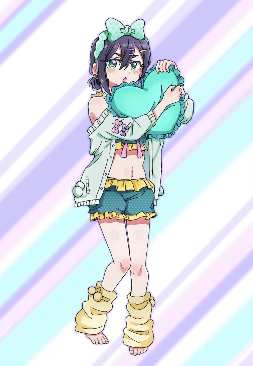 1girl alternate_costume bangs_pinned_back bare_shoulders black_hair blush bow_hairband bra cardigan dalidari27 diagonal-striped_background frilled_bra frilled_pillow frilled_shorts frills green_bra green_cardigan green_eyes green_hairband green_shorts hair_between_eyes hair_ornament hairband hairclip hands_up haraga_kurumi heart heart-shaped_pillow highres holding holding_pillow kimi_no_koto_ga_dai_dai_dai_dai_daisuki_na_100-nin_no_kanojo knees_together_feet_apart leg_warmers long_sleeves looking_at_viewer loose_socks low_twintails navel no_shoes off_shoulder official_alternate_hairstyle open_cardigan open_clothes open_mouth pajamas pillow polka_dot polka_dot_bra polka_dot_hairband polka_dot_shorts pom_pom_(clothes) puffy_shorts short_twintails shorts sleeve_bow socks solo standing stomach striped_background thick_eyebrows twintails underwear v-shaped_eyebrows yellow_bra yellow_leg_warmers yellow_shorts
