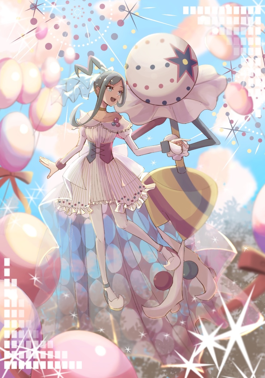 1girl 1other :d alternate_costume aqua_eyes balloon blacephalon blue_sky bow choker corset dress full_body gen_7_pokemon green_hair hair_bow highres holding_hands lisia_(pokemon) long_hair long_sleeves looking_at_another nintendo open_mouth pantyhose pokemon pokemon_(creature) pokemon_oras polka_dot shoes sky smile ssn_(sasa8u9r) standing ultra_beast white_dress white_pantyhose white_shoes wrist_cuffs yellow_choker