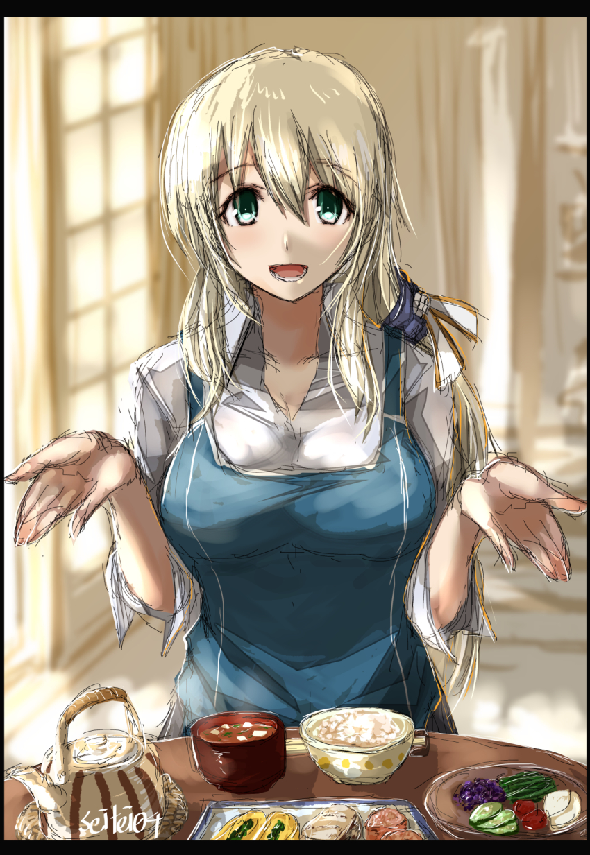 apron atago_(kancolle) blonde_hair blue_apron border breasts food food_focus green_eyes highres kantai_collection long_hair meal open_mouth seitei_(04seitei) shirt sketch solo white_shirt