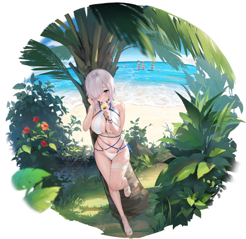 4girls absurdres artist_request azur_lane beach bikini blue_choker blue_eyes bracelet breasts choker coconut_tree dead_or_alive dead_or_alive_xtreme food grass groin hair_over_eyes highres holding holding_food ice_cream jewelry large_breasts looking_at_viewer luna_(doa) luna_(venus_of_the_beach)_(doa) mery_(yangmalgage) multiple_girls navel non-web_source ocean official_art palm_tree panties plant stomach swimsuit thigh_strap thighs transparent_background tree underwear white_bikini white_footwear white_hair white_panties wristband