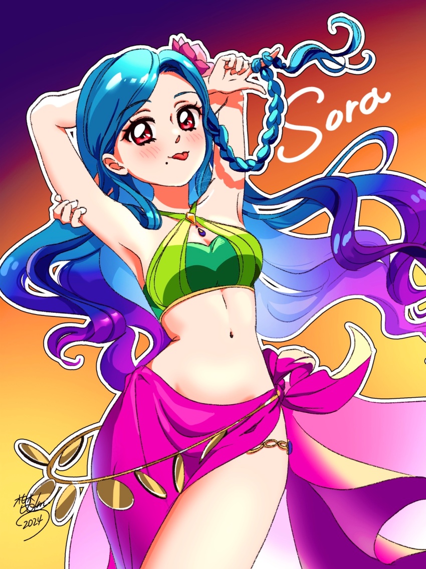 1girl 2024 aikatsu! aikatsu!_(series) arms_behind_back bikini blue_hair braid breasts character_name cleavage cleavage_cutout clothing_cutout commentary commentary_request flower gradient_background gradient_hair green_bikini hair_flower hair_ornament highres kashiwagi_hirono kazesawa_sora long_hair medium_breasts mole mole_under_mouth multicolored_hair navel purple_hair red_eyes side_braid signature solo swimsuit symbol-only_commentary tongue tongue_out very_long_hair