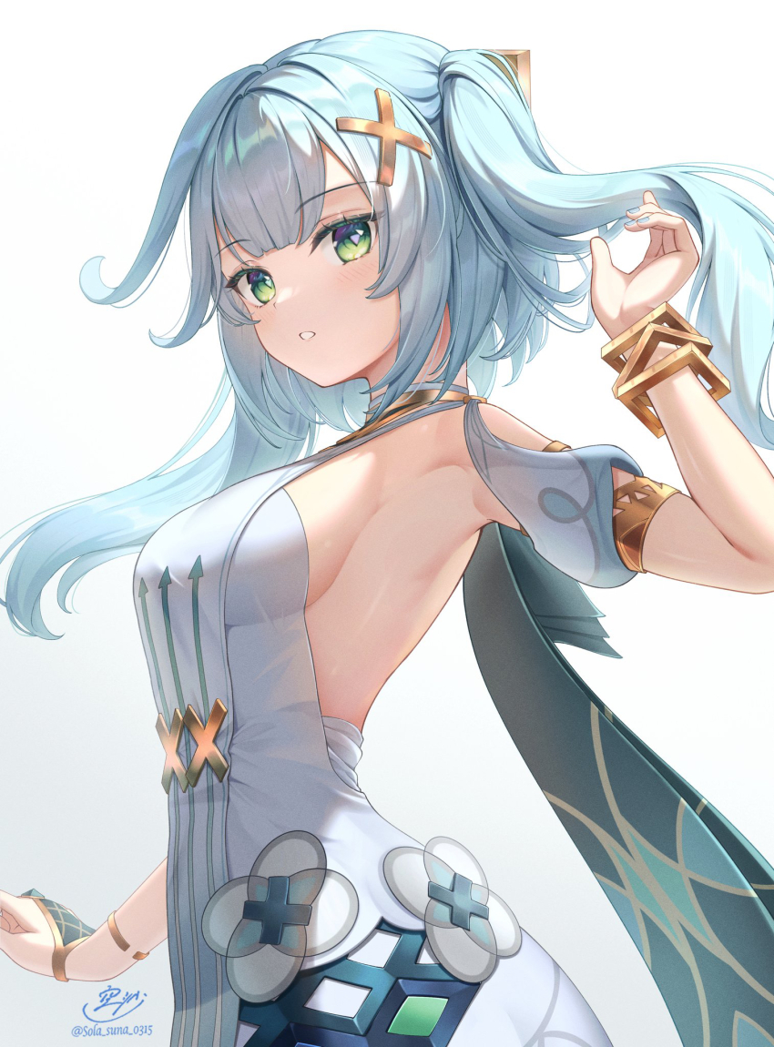 1girl aqua_hair armpits blush bracelet breasts clothing_cutout commentary dress faruzan_(genshin_impact) from_side genshin_impact green_eyes hand_up highres jewelry long_hair looking_at_viewer looking_to_the_side medium_breasts parted_lips shoulder_cutout sideboob sideless_dress signature simple_background solasuna solo symbol-shaped_pupils triangle-shaped_pupils twintails twitter_username very_long_hair white_background white_dress