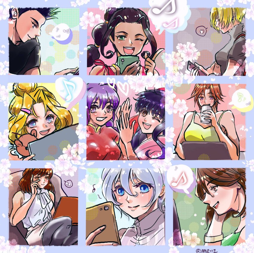 1boy 6+girls alternate_hairstyle black_hair blonde_hair blue_eyes blue_hair braid breasts brown_eyes brown_hair cellphone chinese_clothes computer couch fujieda_kaede green_eyes grey_eyes grey_hair hair_bun hair_ribbon heart highres iris_chateaubriand japanese_clothes kanzaki_sumire kirishima_kanna laptop large_breasts legs long_hair looking_at_viewer maria_tachibana multiple_girls musical_note oogami_ichirou phone ponytail purple_eyes purple_hair reni_milchstrasse ri_kouran ribbon sakura_taisen sega shinguuji_sakura shirt short_hair sitting skirt sleeveless sleeveless_shirt smartphone smile soletta_orihime spoken_heart spoken_musical_note talking_on_phone thighs twin_braids