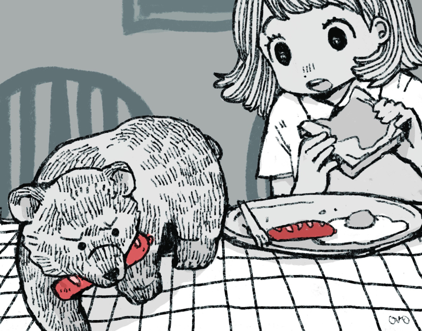 1girl bear bread bread_slice collared_shirt food food_theft fried_egg greyscale hands_up highres holding holding_food indoors looking_at_animal minimized monochrome on_chair onobane open_mouth original procreate_(medium) raised_eyebrows sausage shirt short_hair short_sleeves signature sitting solo spot_color surprised table tablecloth toast upper_body v-shaped_eyebrows wide-eyed