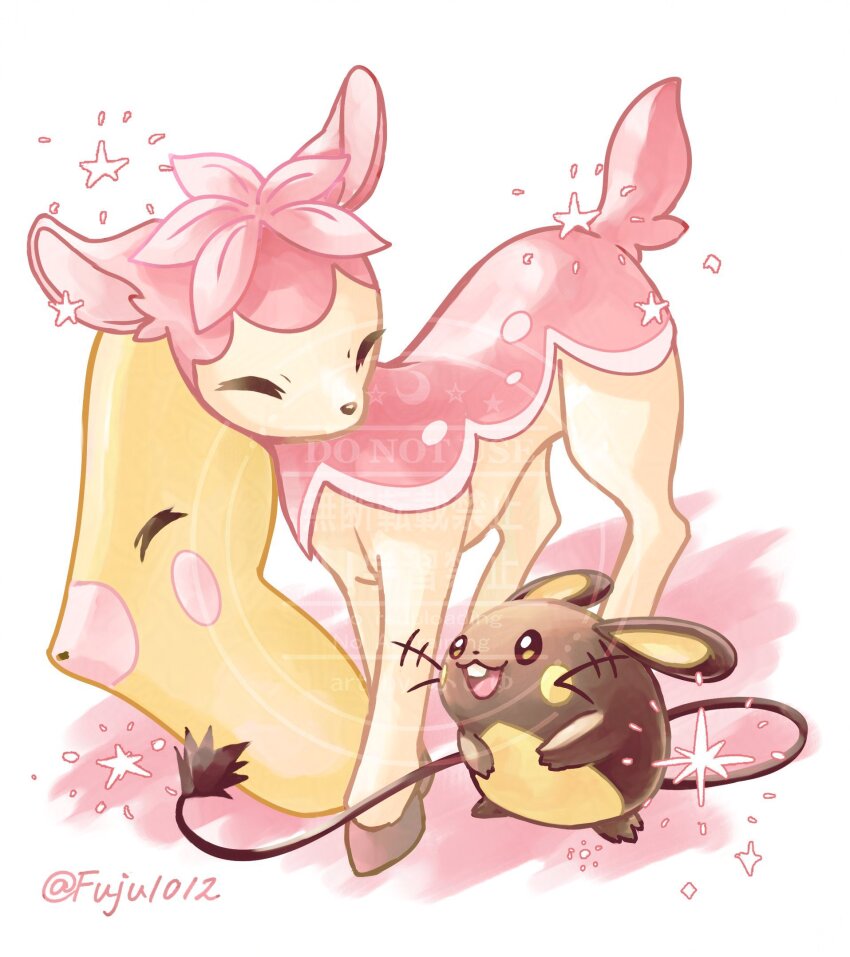 alternate_color animal_focus brown_eyes closed_eyes commentary_request dedenne deerling fuju1012 gen_3_pokemon gen_5_pokemon gen_6_pokemon highres luvdisc nintendo no_humans open_mouth pokemon pokemon_(creature) shiny_pokemon star_(symbol) twitter_username