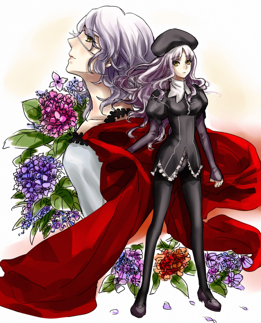 2girls bad_id bad_pixiv_id caren_hortensia claudia_hortensia eyepatch fate/hollow_ataraxia fate/zero fate_(series) flower frown hat highres hydrangea layered_sleeves long_hair migillu mother_and_daughter multiple_girls pantyhose thighhighs thighhighs_over_pantyhose white_hair yellow_eyes