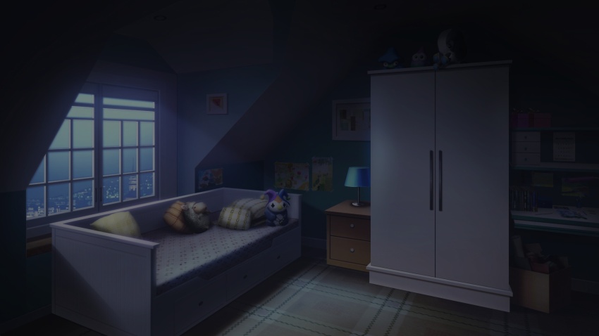 apartment bed bedroom book box calendar_(object) cardboard_box carpet chest_of_drawers cityscape dark desk_lamp dim_lighting drawer gift highres indoors lamp morning no_humans non-web_source official_art our_life:_beginnings_and_always photo_(object) pillow scenery stuffed_toy variant_set wardrobe_malfunction window window_blinds window_light