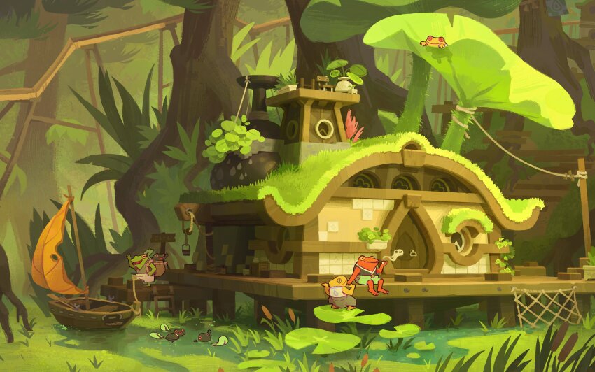 absurdres boat building commentary english_commentary forest grass highres holding holding_smoking_pipe house leaf nature original outdoors plant potted_plant rope sail scenery sitting smile smoking smoking_pipe standing stream tadpole tree vykim water watercraft