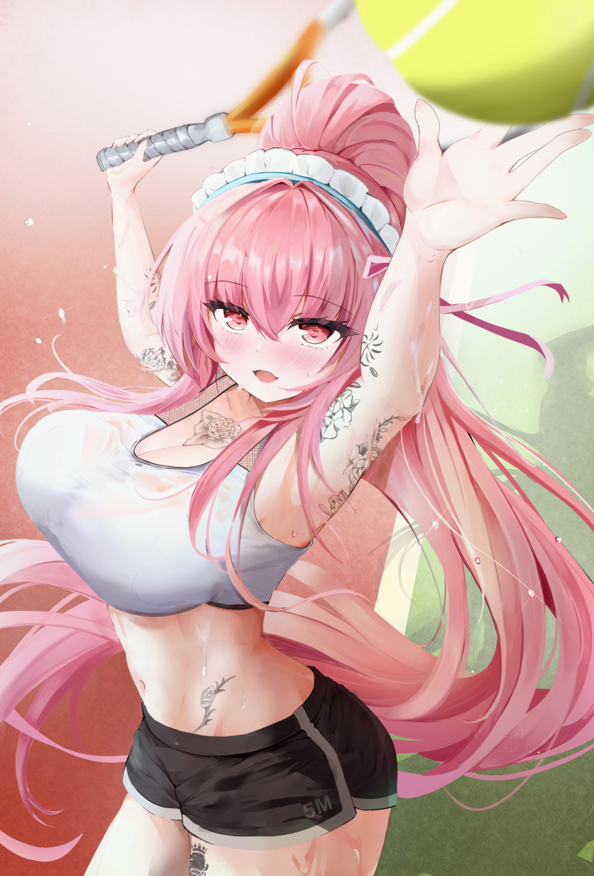 1girl arm_tattoo azur_lane ball baltimore_(azur_lane) baltimore_(azur_lane)_(cosplay) baltimore_(black_ace)_(azur_lane) bare_shoulders black_shorts breasts chest_tattoo cleavage clothes_lift commission cosplay cowboy_shot crop_top flower_tattoo hair_between_eyes high_ponytail highres holding_tennis_racket large_breasts long_hair looking_at_viewer midriff perseus_(azur_lane) pink_eyes pink_hair ponytail racket royal_navy_emblem_(azur_lane) shorts skeb_commission solo sports_bra sports_bra_lift sportswear taisanai tattoo tennis_ball tennis_court tennis_racket tennis_uniform very_long_hair white_sports_bra